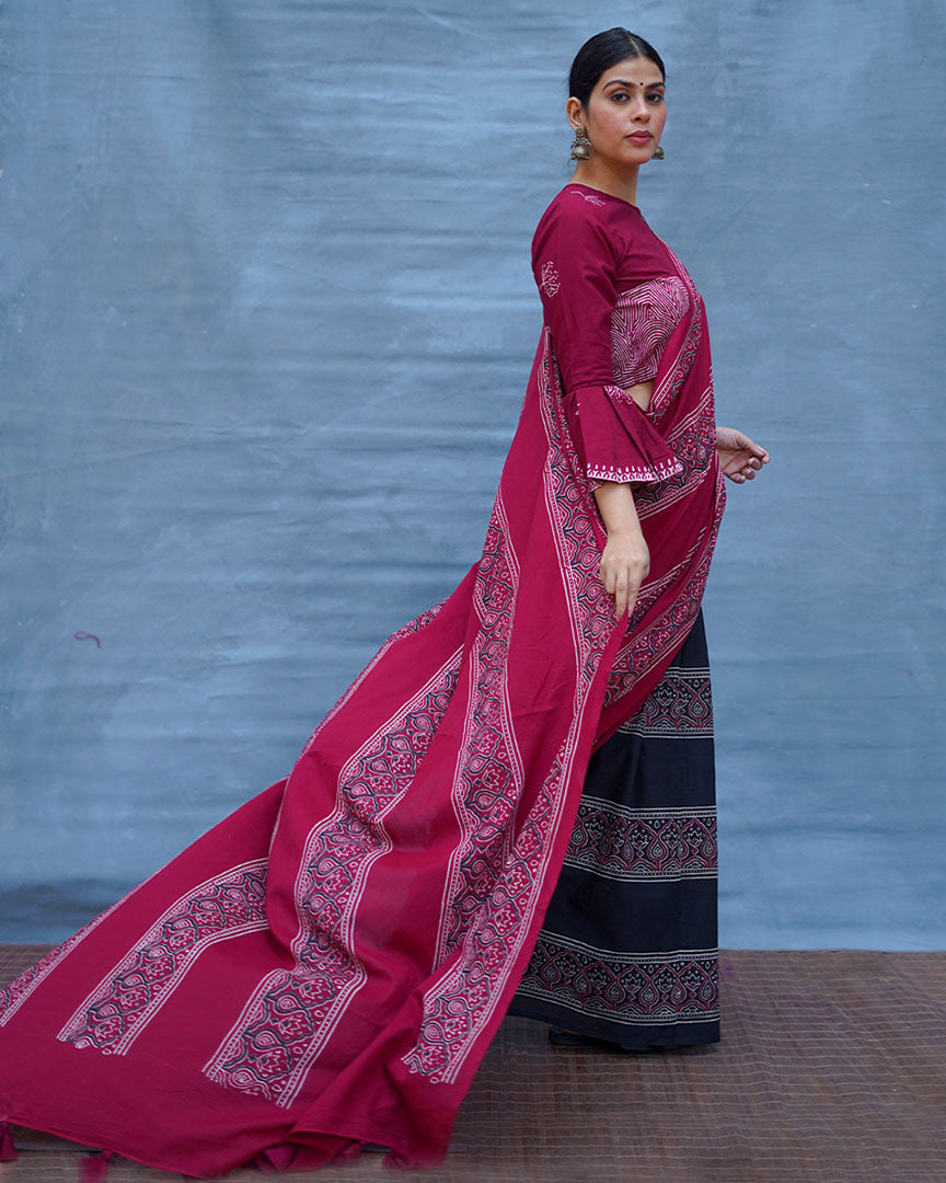 Labanya Maroon Handblock Printed Cotton Saree - Soil