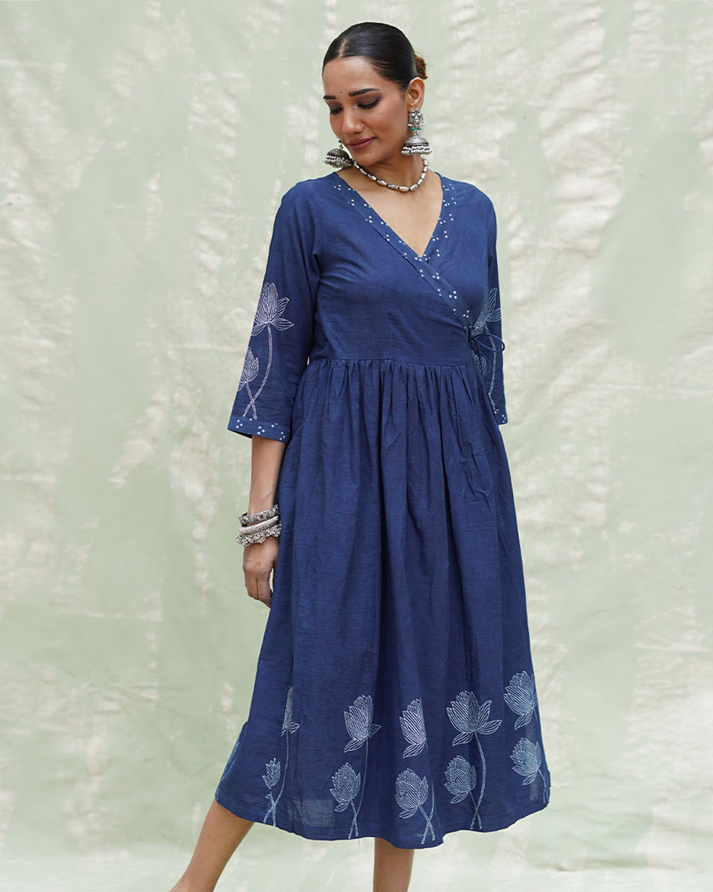 Aslekhi Blue Handblock Print Cotton Dress - INDI