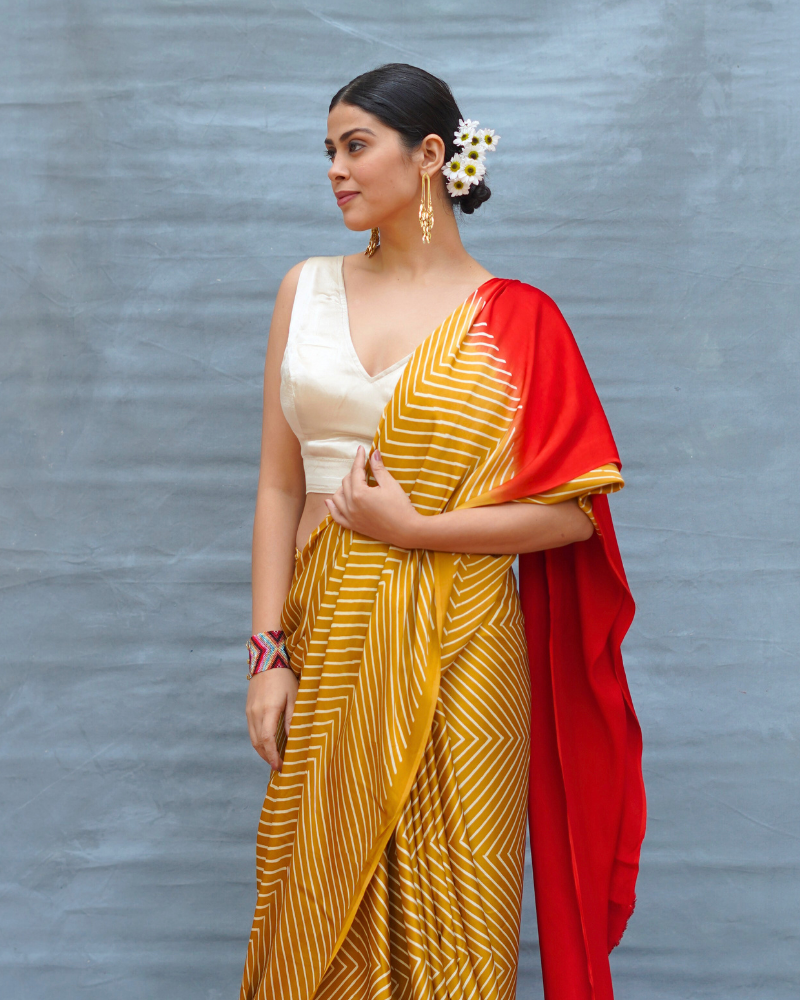 Calm Glide Yellow Handblock Print Modal Silk Saree - Flow