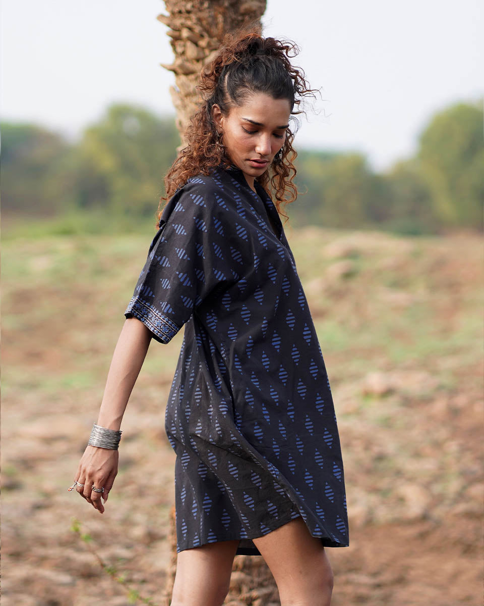 Swaying Silence Blockprinted Cotton Dress-WWB