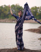 Elishat Black Block printed Modal Silk Saree - Jaisal