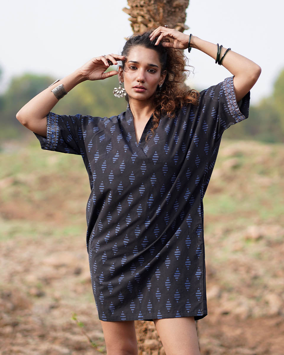 Swaying Silence Blockprinted Cotton Dress-WWB