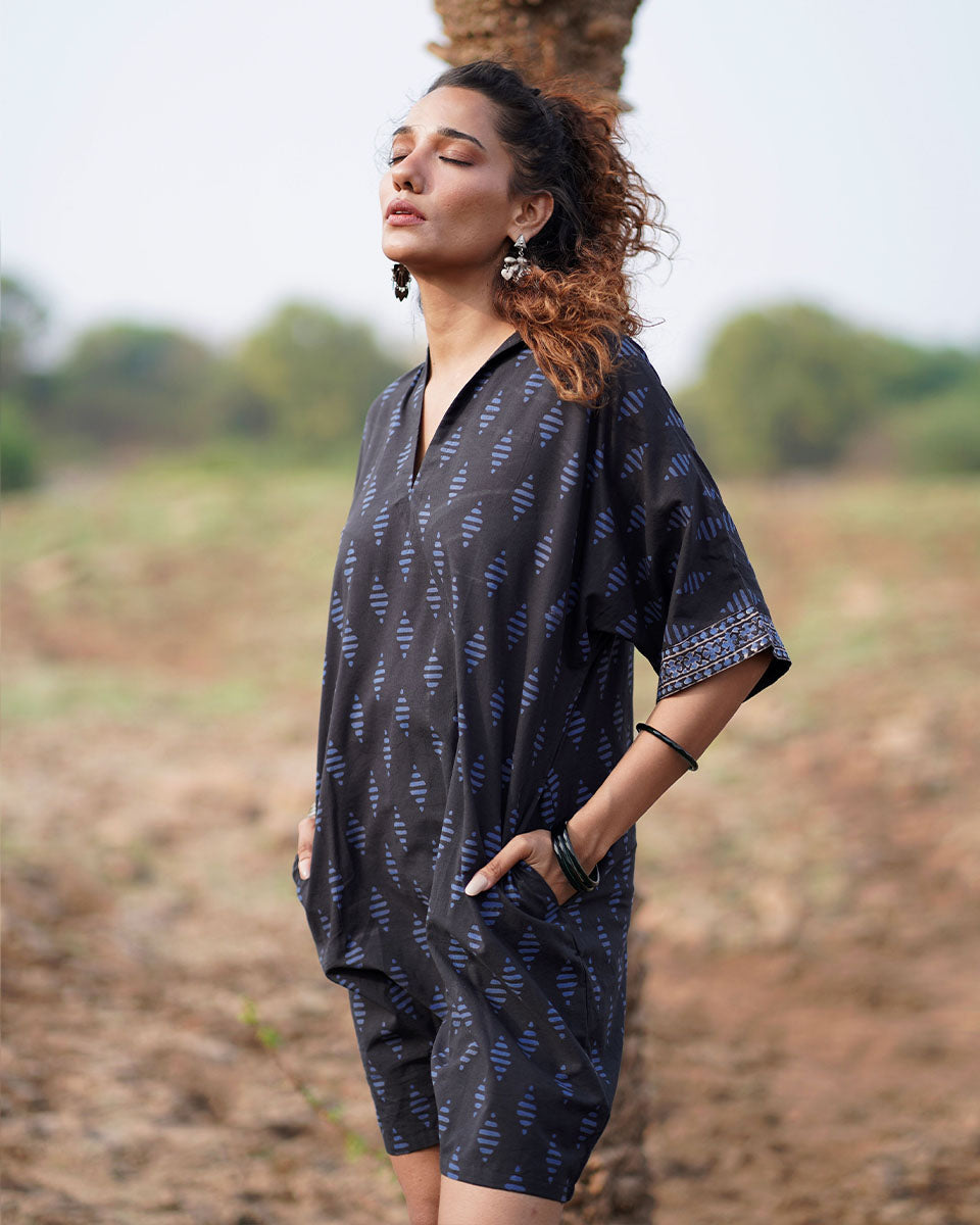 Swaying Silence Blockprinted Cotton Dress-WWB