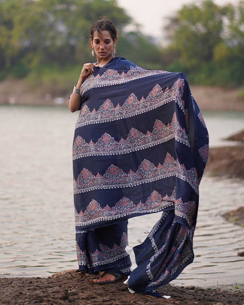 Elishat Black Block printed Modal Silk Saree - Jaisal