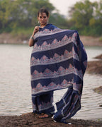 Elishat Black Block printed Modal Silk Saree - Jaisal