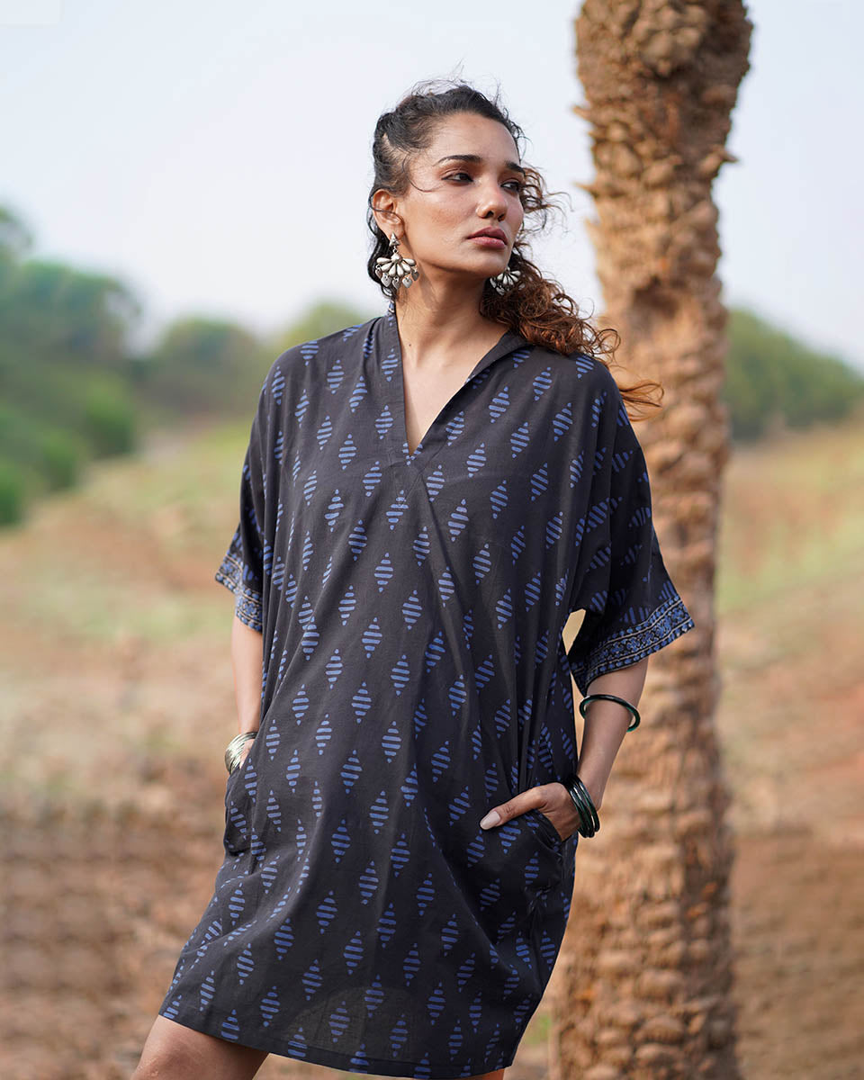 Swaying Silence Blockprinted Cotton Dress-WWB