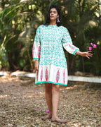 Petuniaâ€™s Poise Teal Green Block Printed Cotton Dress - MMG