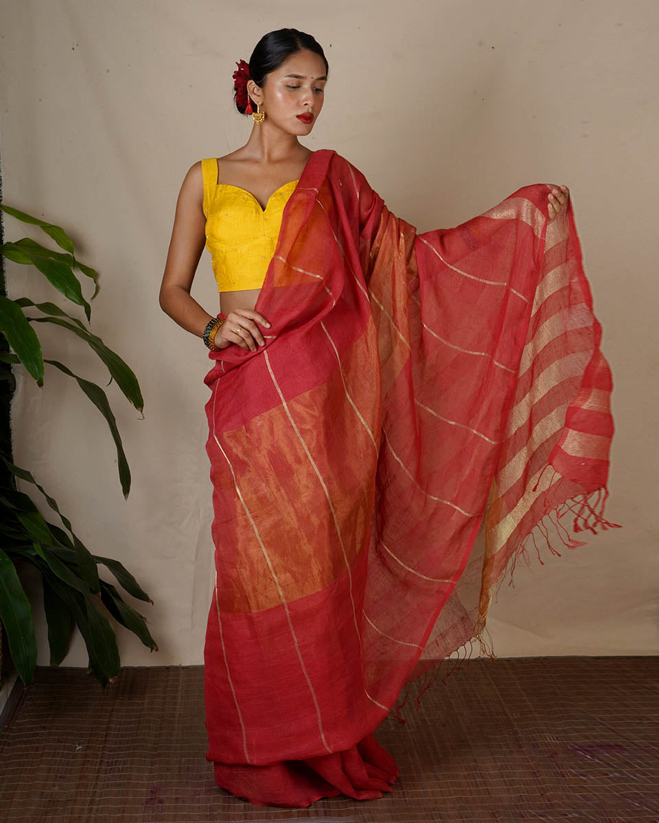 Jyotsna Maroon Handwoven Linen Zari Saree - Eknoor