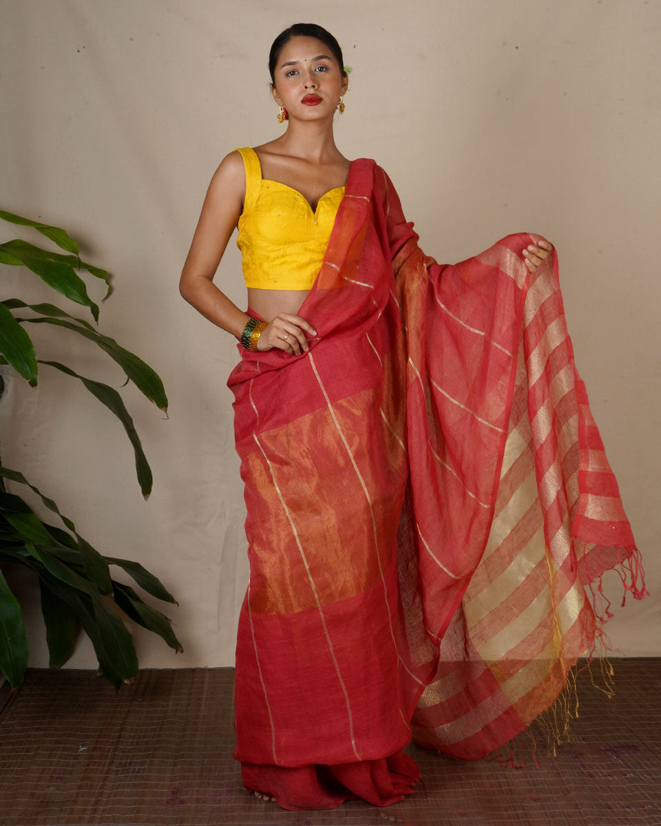 Jyotsna Maroon Handwoven Linen Zari Saree - Eknoor