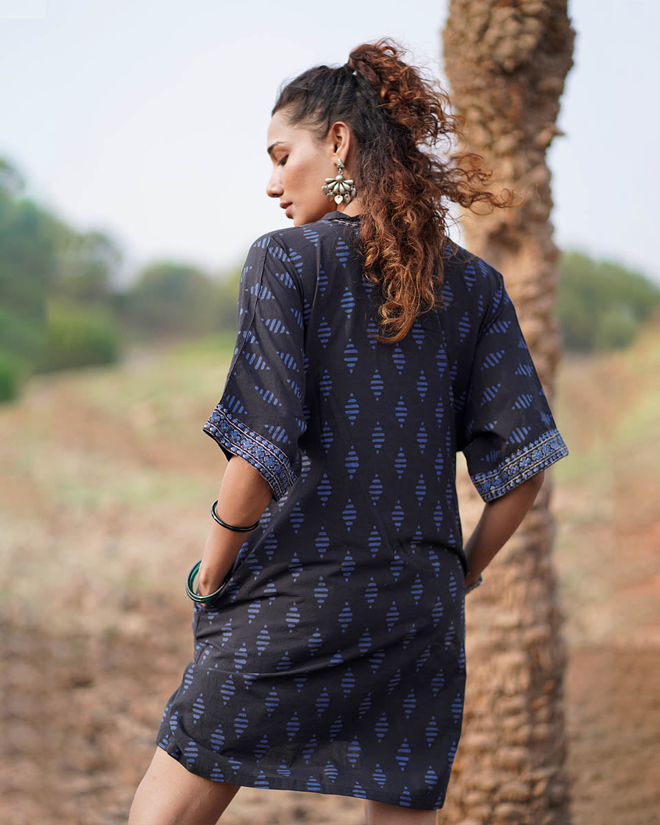 Swaying Silence Blockprinted Cotton Dress-WWB