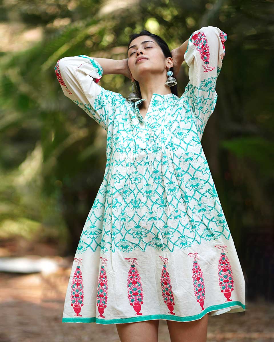 Petuniaâ€™s Poise Teal Green Block Printed Cotton Dress - MMG