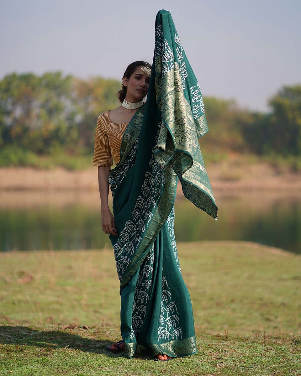 Madhurima Green Block printed Dola Silk Saree - RB