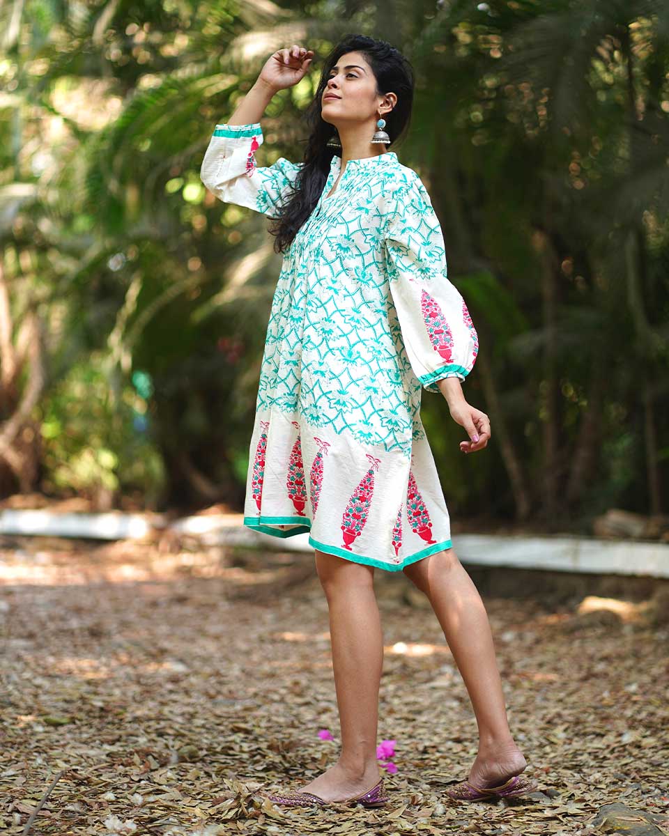 Petuniaâ€™s Poise Teal Green Block Printed Cotton Dress - MMG