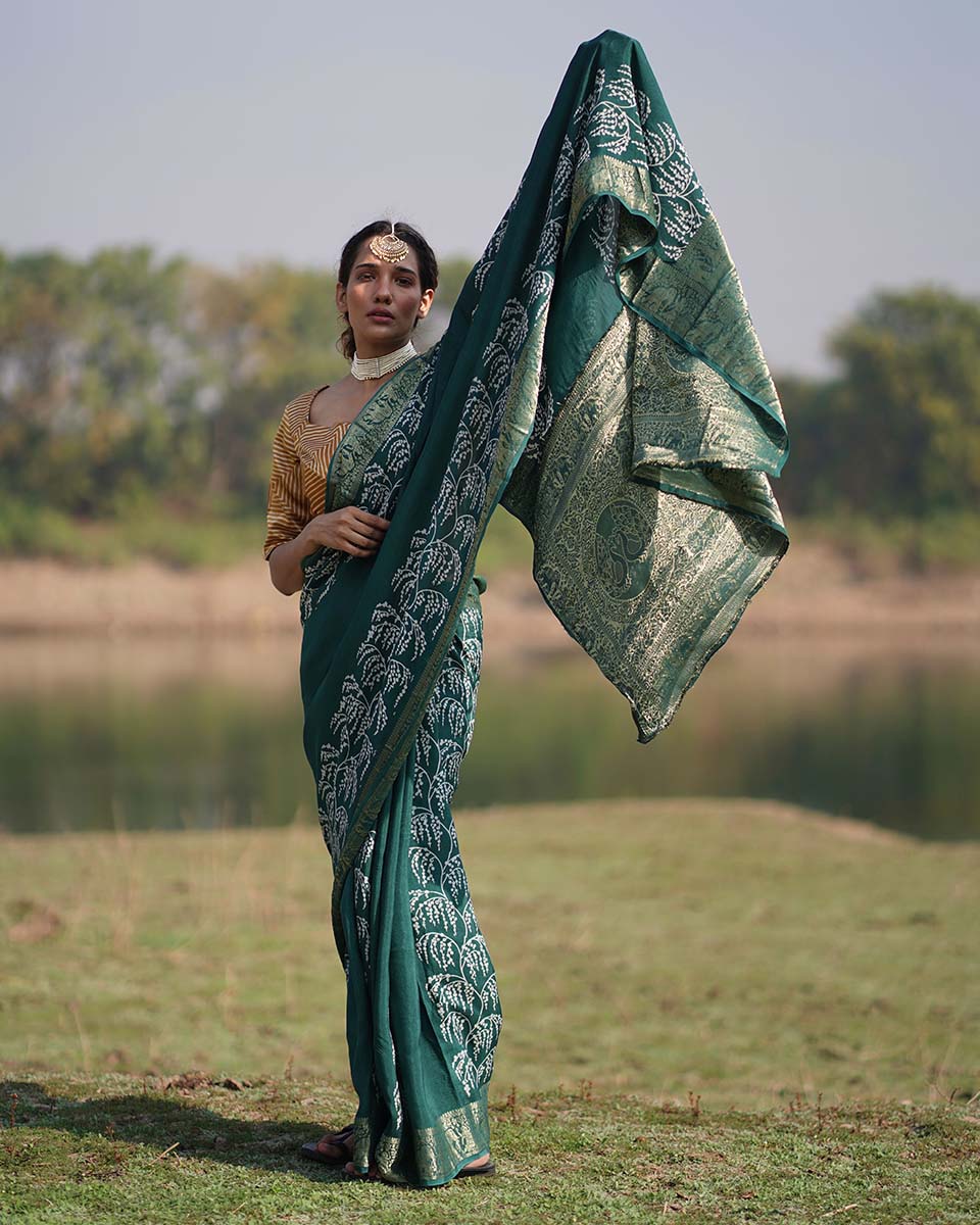 Madhurima Green Block printed Dola Silk Saree - RB