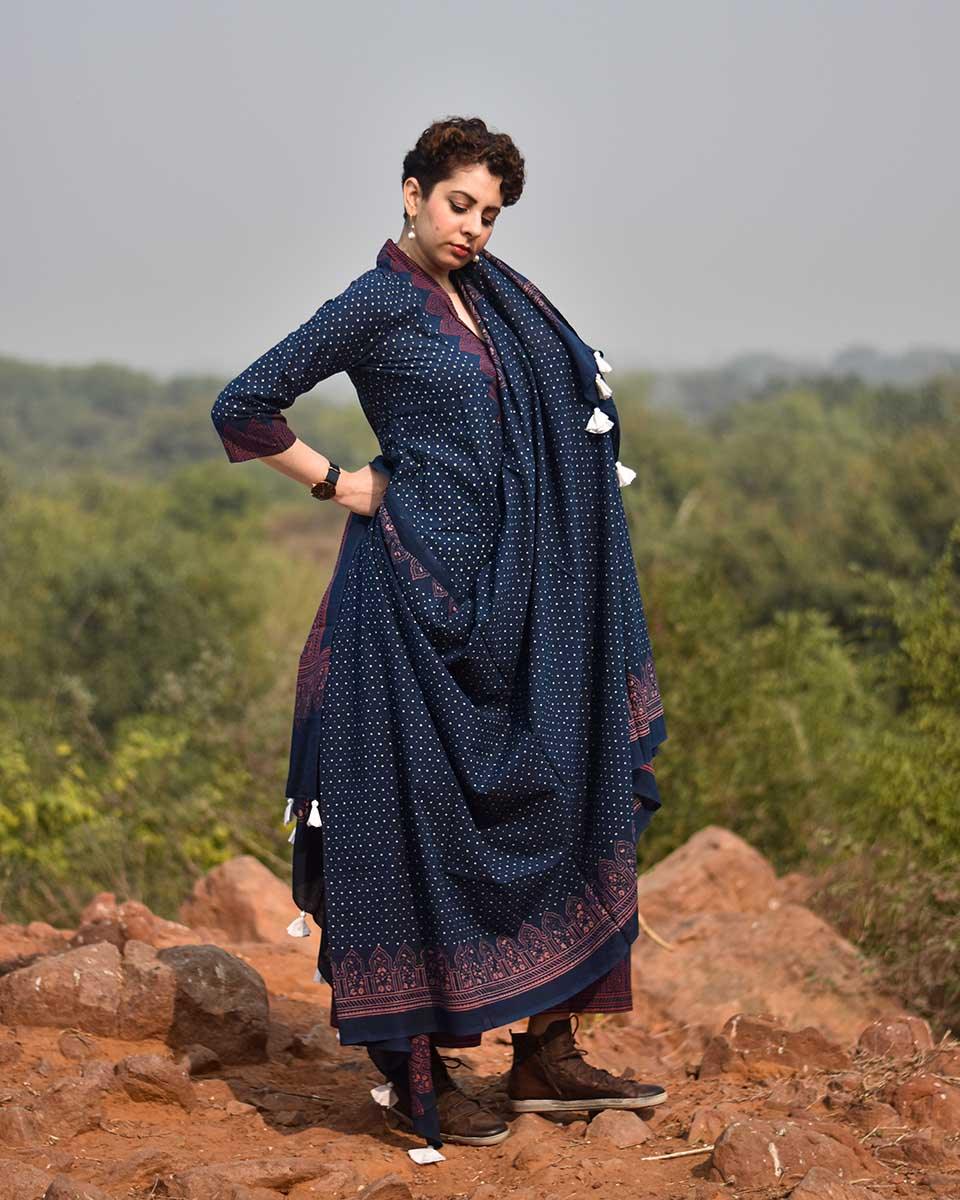 Indigo & Rust Blockprinted Cotton Dupatta - Awargi