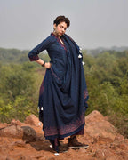 Indigo & Rust Blockprinted Cotton Dupatta - Awargi