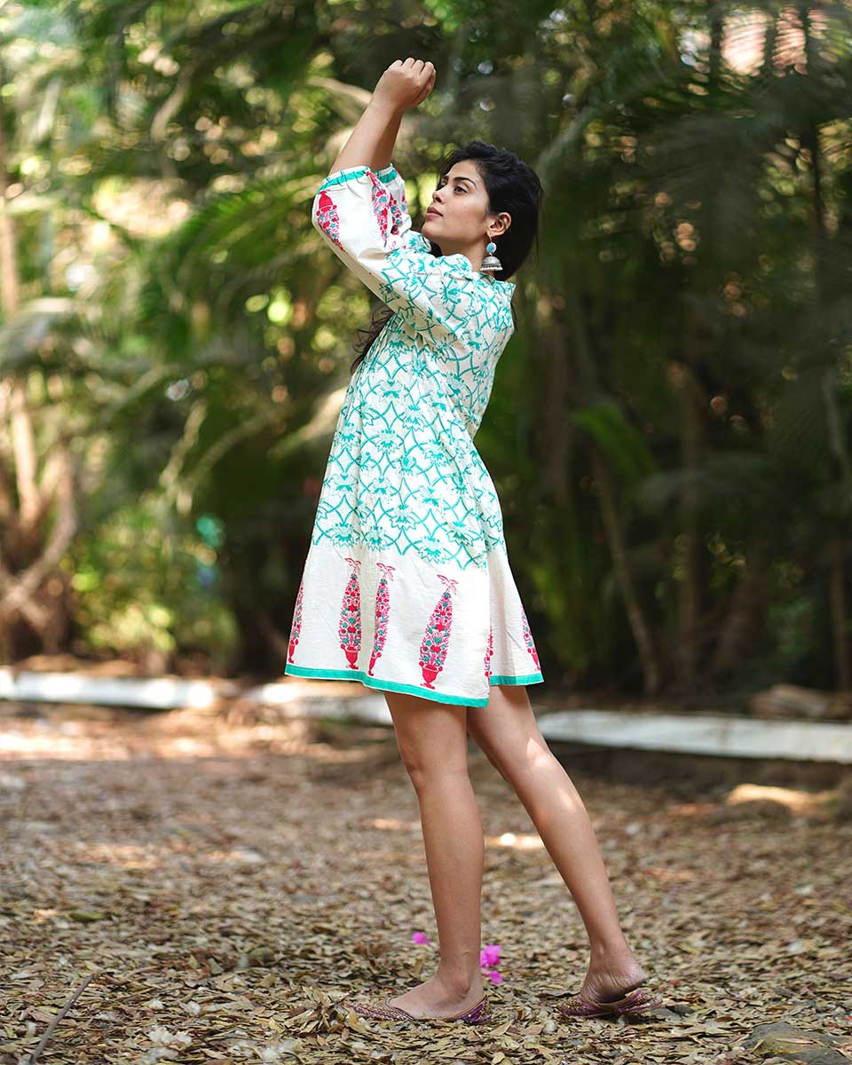 Petuniaâ€™s Poise Teal Green Block Printed Cotton Dress - MMG