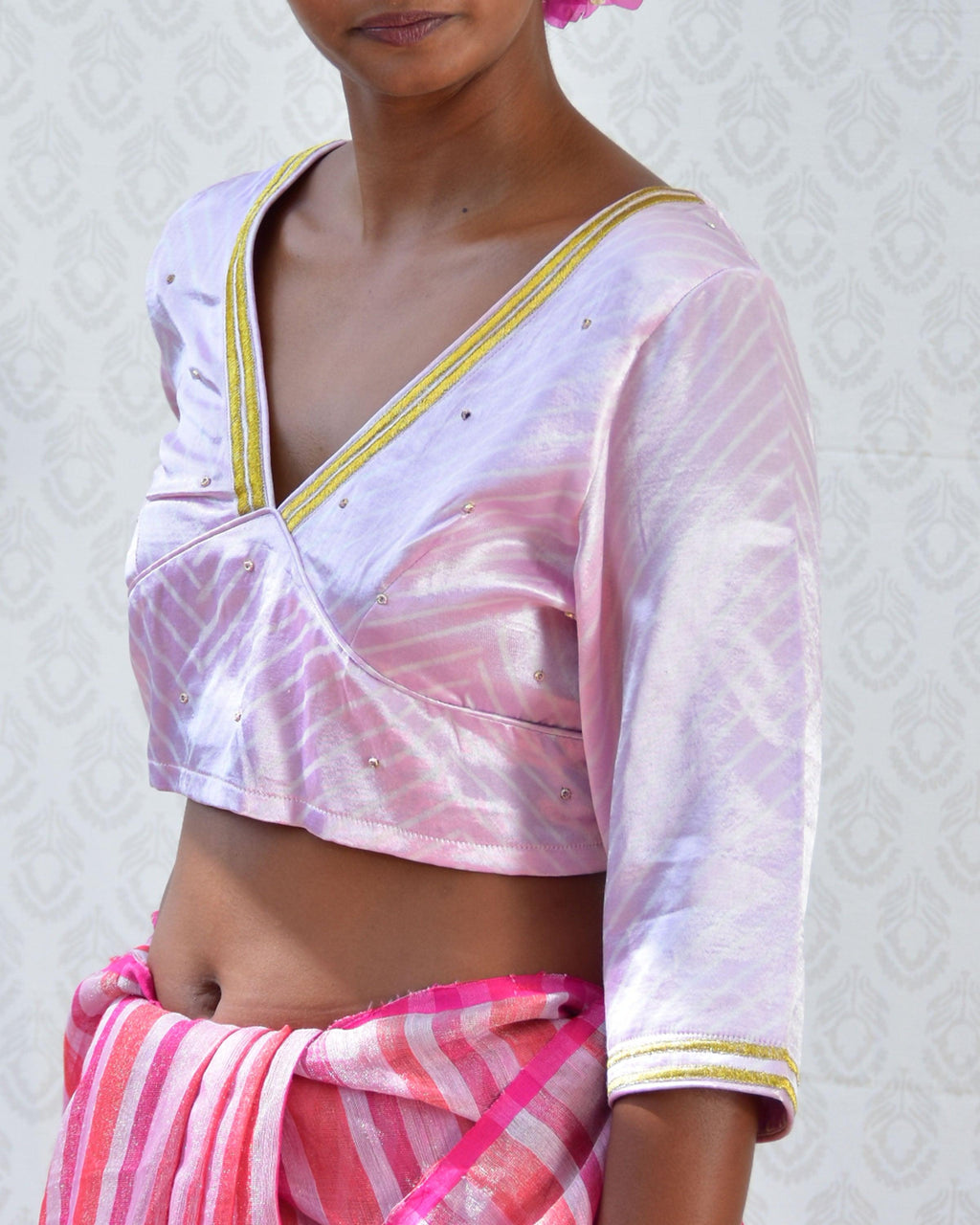 Lavender Sip Handblockprinted Mashru Silk Blouse - Bgvl