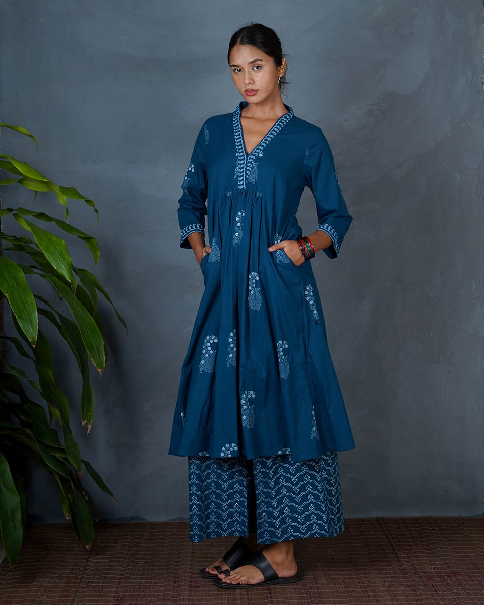Abhrini Teal Green Hand Block Printed Kurta -MYA