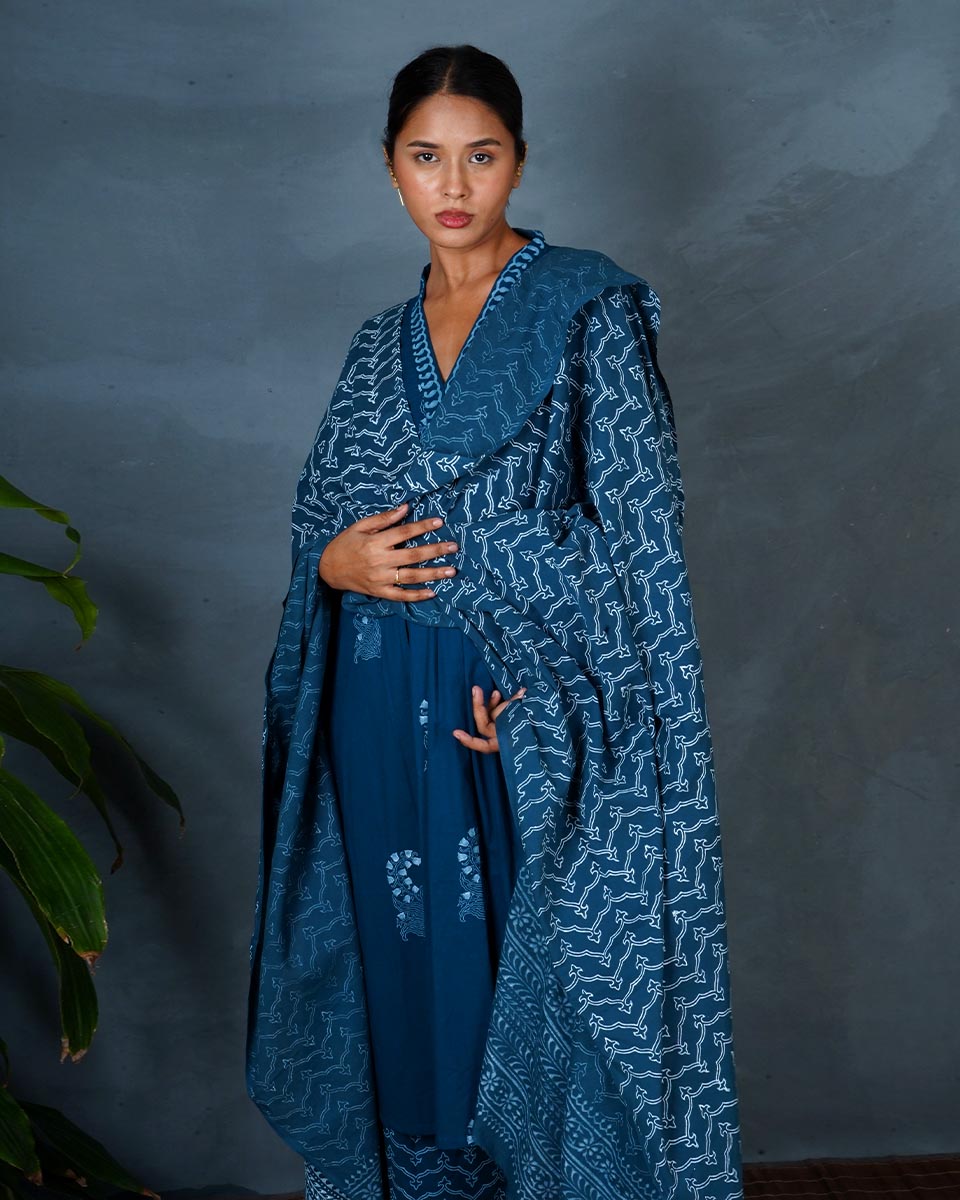 Shyama Teal Green Hand Block Printed Dupatta-MYA