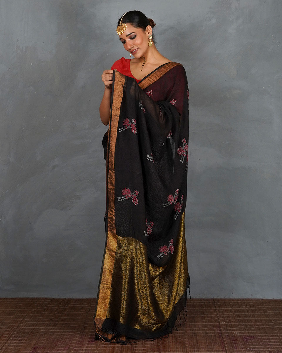 Tejasvi Black Handblock Linen Saree - TARA