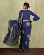 Rasiya Blue Handblock Print Linen Saree - INDI