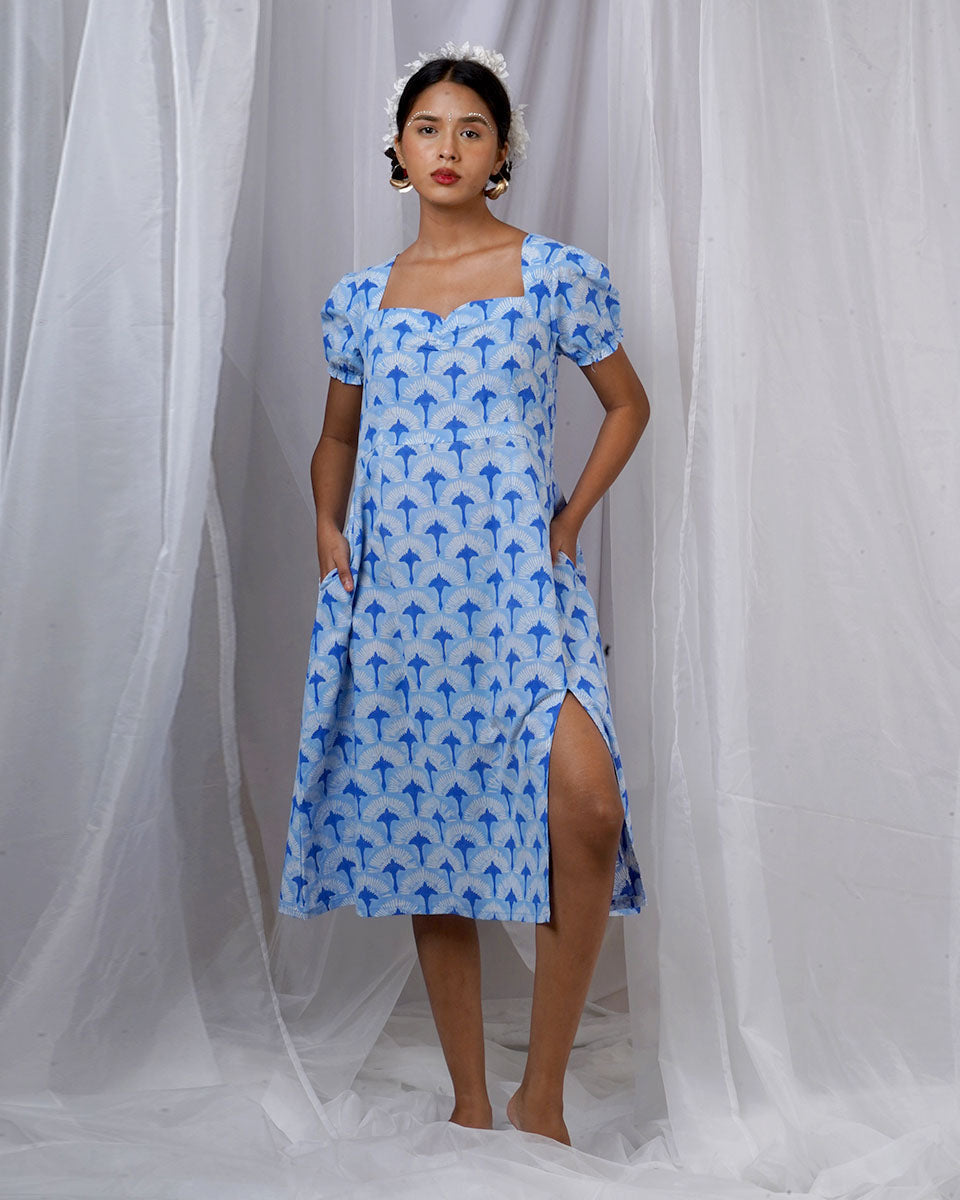 Ishani Blue Hand Block Printed Dress-BAD
