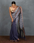 Prabha Blue With White Handblock Linen Saree - TARA