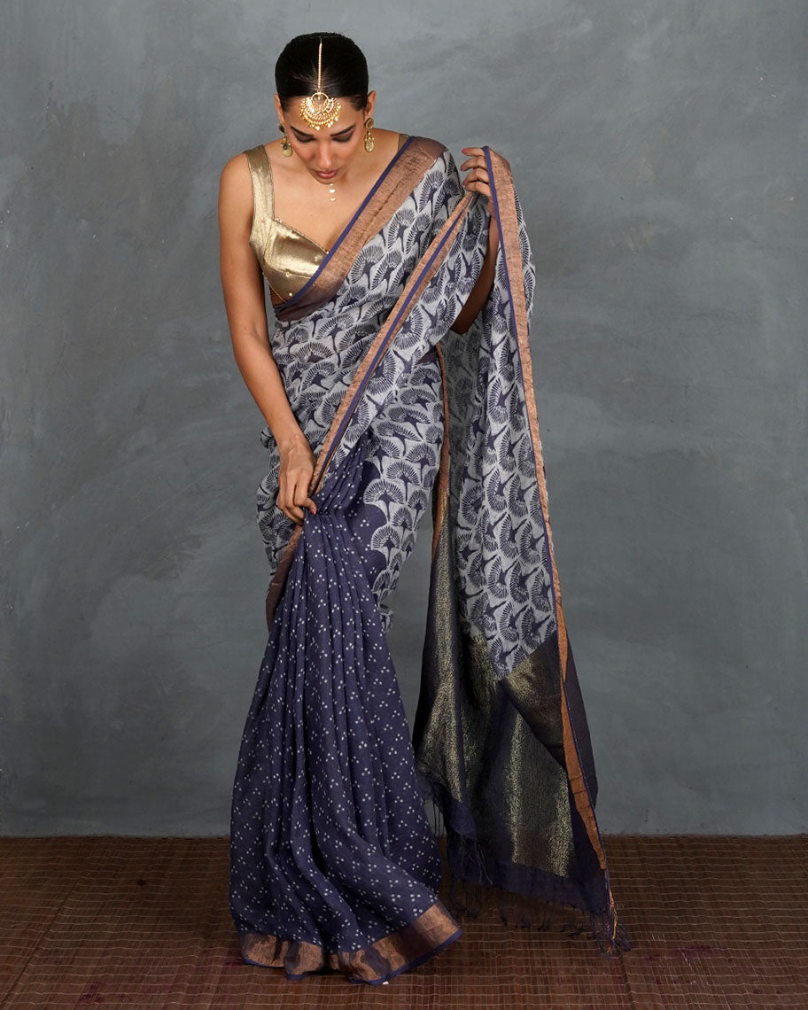 Prabha Blue With White Handblock Linen Saree - TARA