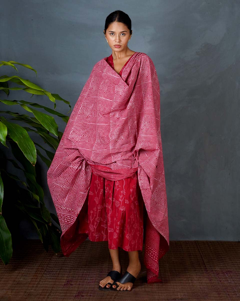 Dhara Red Hand Block Printed Dupatta-MYA
