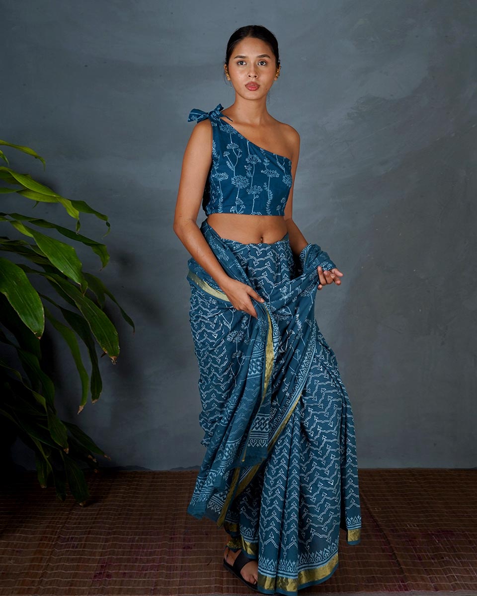 Inaya Teal Green Hand Block Printed Blouse-MYA