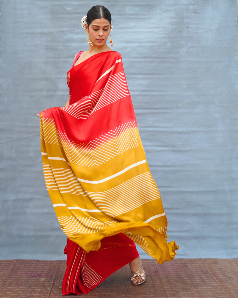 Gentle Fall Red Handblock Print Modal Silk Saree - Flow