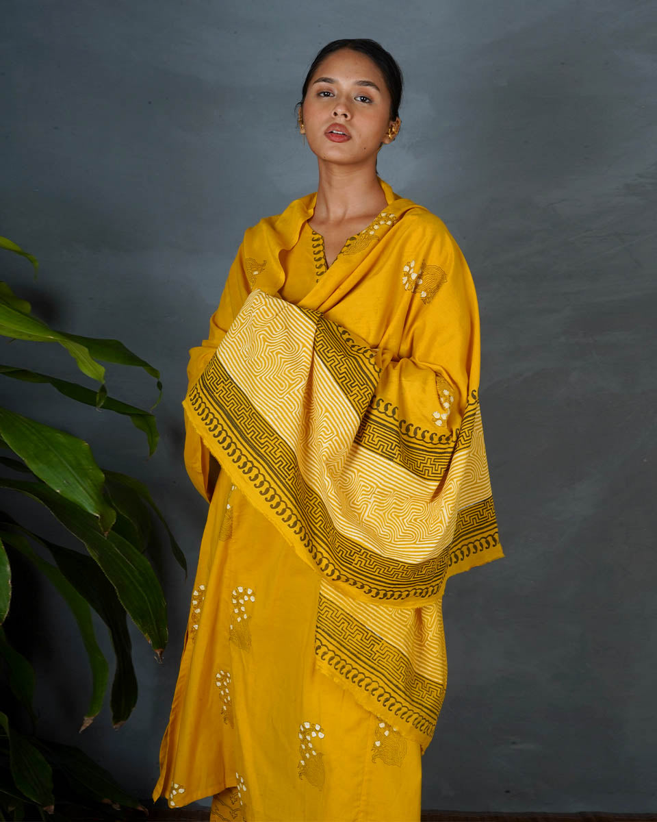 Avira Yellow Hand Block Printed Dupatta-MYA