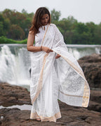 Dewbone Kota Doria Ivory Block Printed Saree - SFD