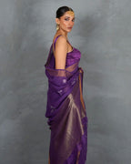 Noori Royal Purple Handblock Linen Saree - TARA