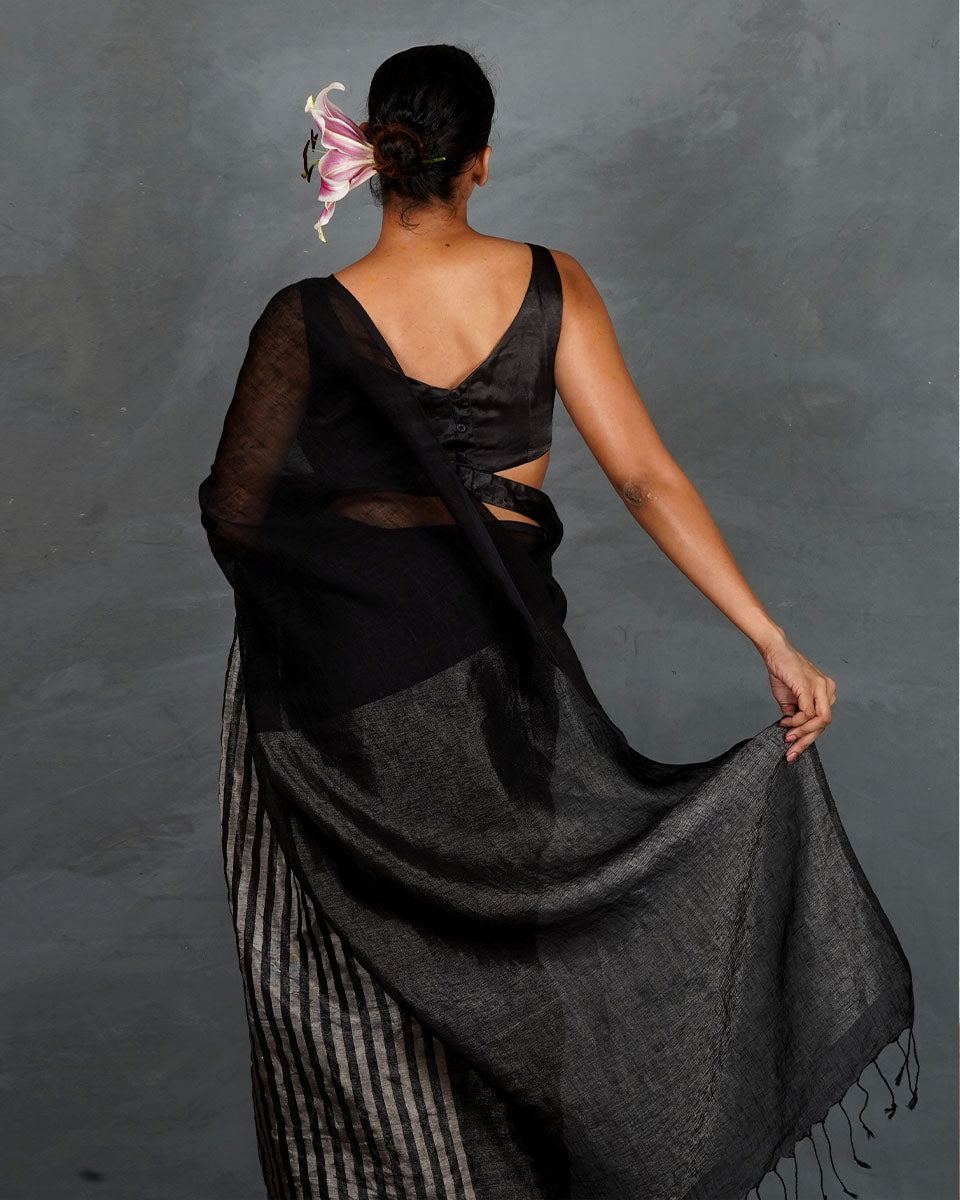 Follow Dawn Black Handwoven Linen Saree - TARA
