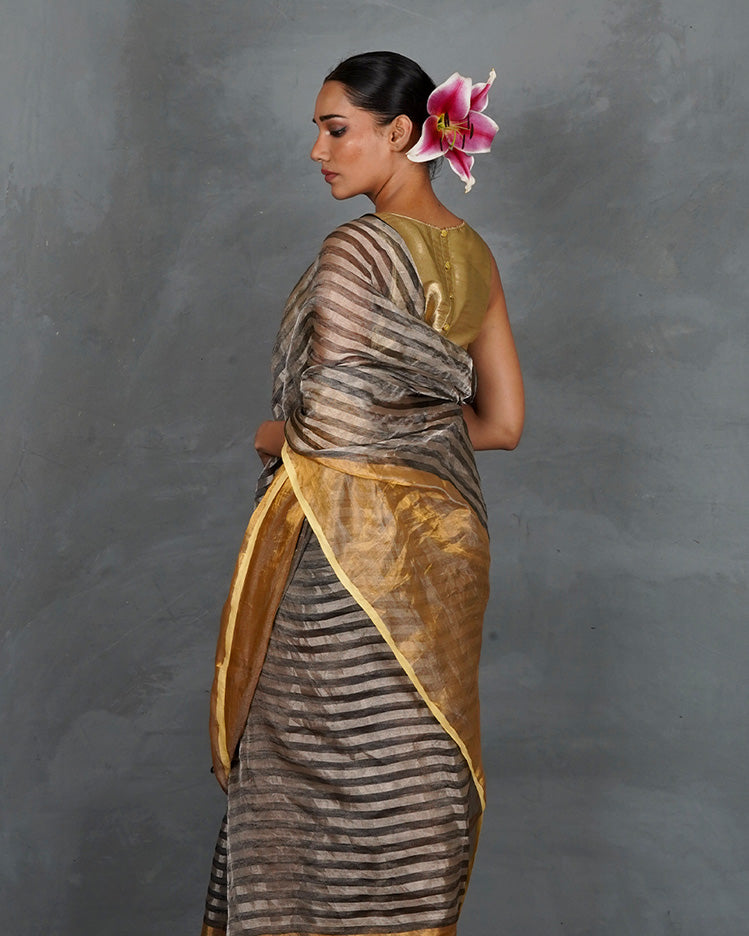 Burn Soft Silver With Black Strip Handwoven Linen Saree - TARA