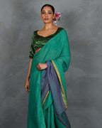 Shimmer On Green Handwoven Linen Saree - TARA