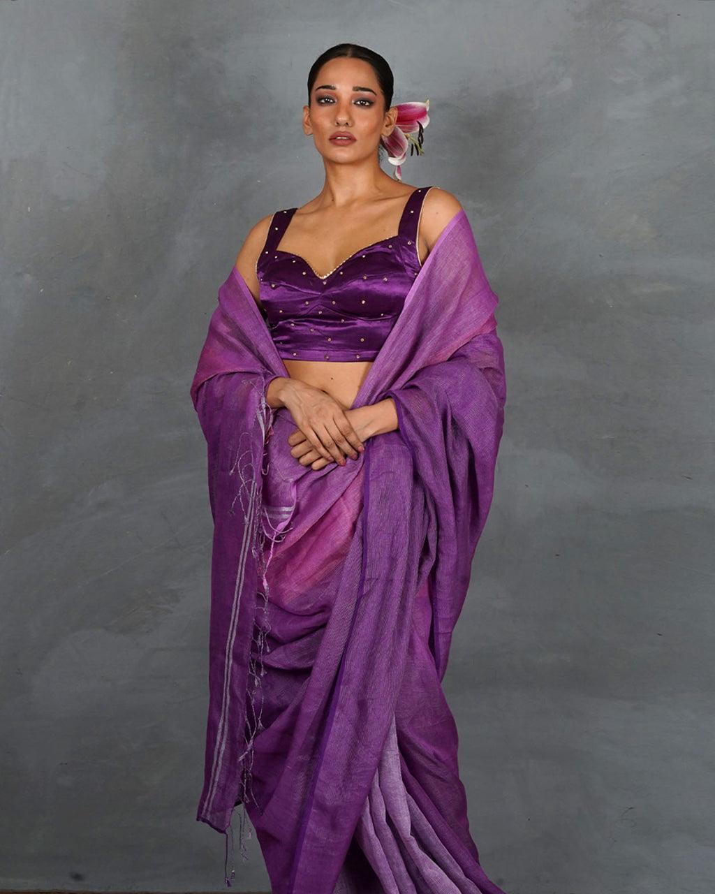 Embrace Glow Purple Handwoven Linen Saree - TARA