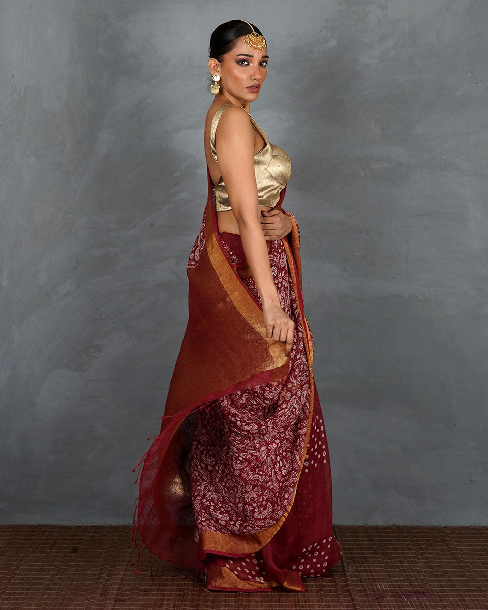 Urvi Maroon Handblock Linen Saree - TARA