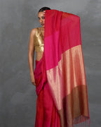 Inner Glow Red With Pink Handwoven Linen Saree - TARA