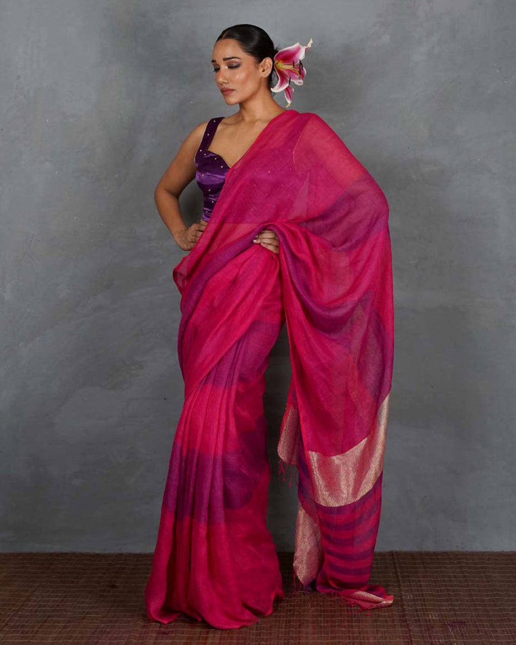 Samira Magneta Handwoven Linen Saree - TARA