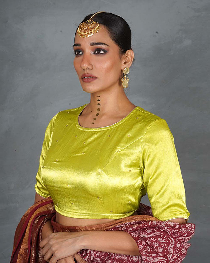 Leela Lime Green Mashru Silk Blouse - TARA