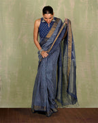 Malhari Blue Handblock Print Linen Saree - INDI