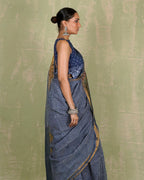 Sarang Blue Handblock Print Linen Saree - INDI