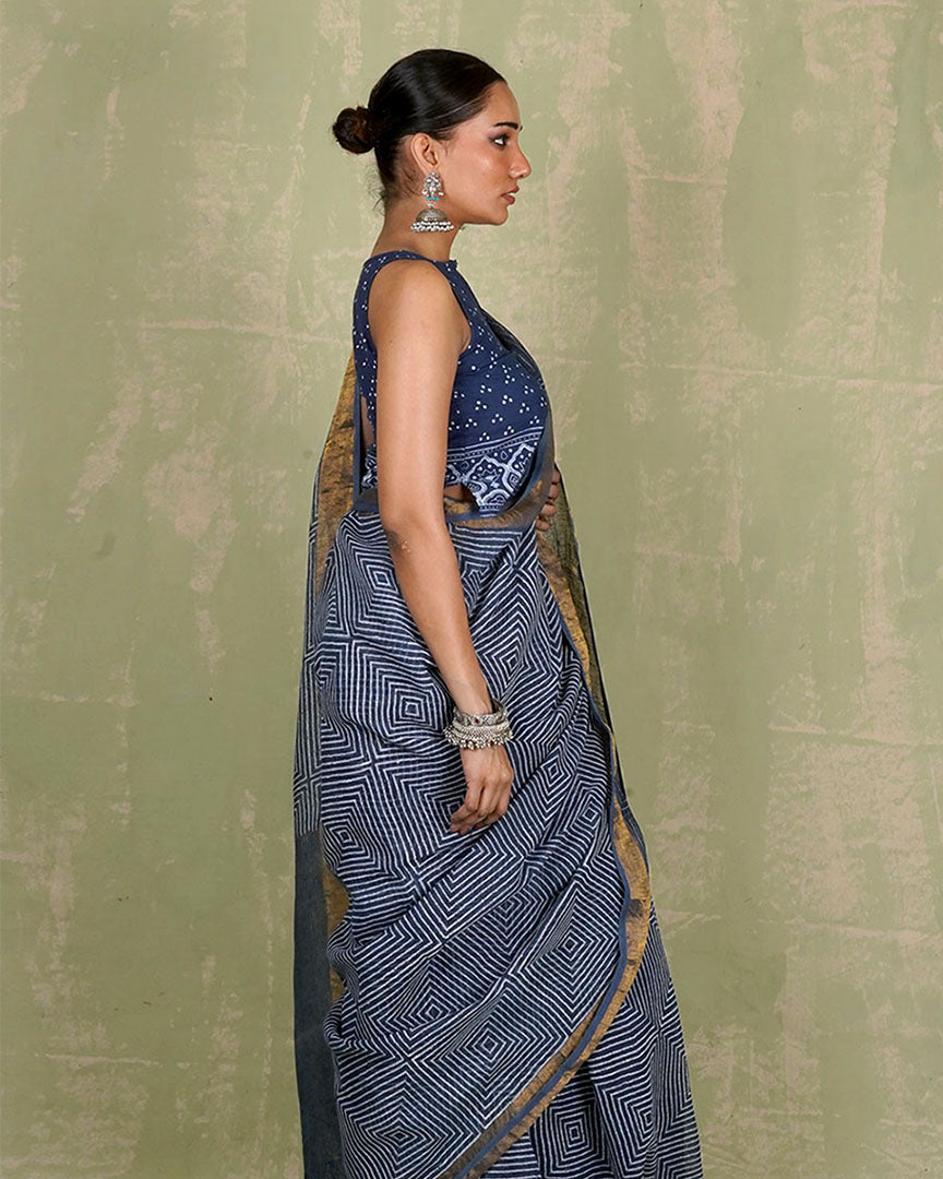 Sarang Blue Handblock Print Linen Saree - INDI