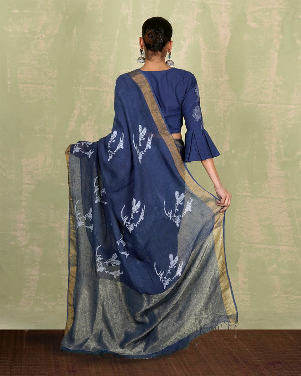 Purva Blue Handblock Print Linen Saree - INDI