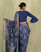 Rahi Blue Handblock Print Linen Saree - INDI