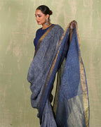 Sanjh Tarini Blue Handblock Print Linen Saree - INDI