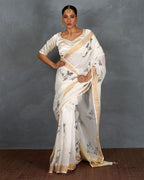 Aabroo White Handblock Linen Saree - TARA
